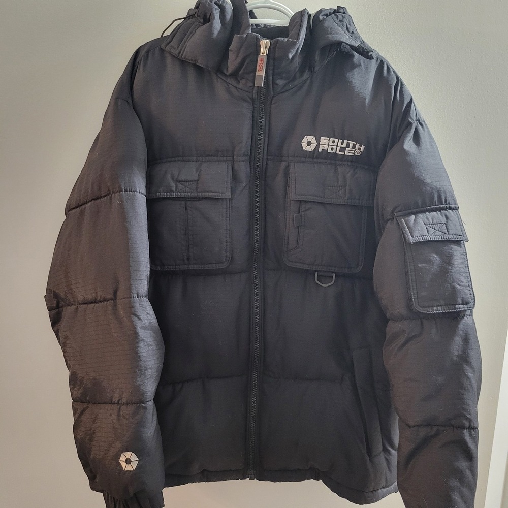 Y2K Southpole Winter Puffer Jacket Coat Men's Size Large Black Hooded Pockets